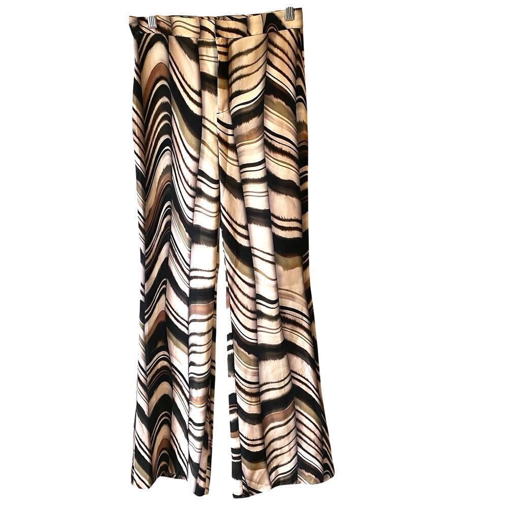 Zara Brown Abstract Print Wide Leg Trouser Dress Pants Women XS Boho Retro Looks